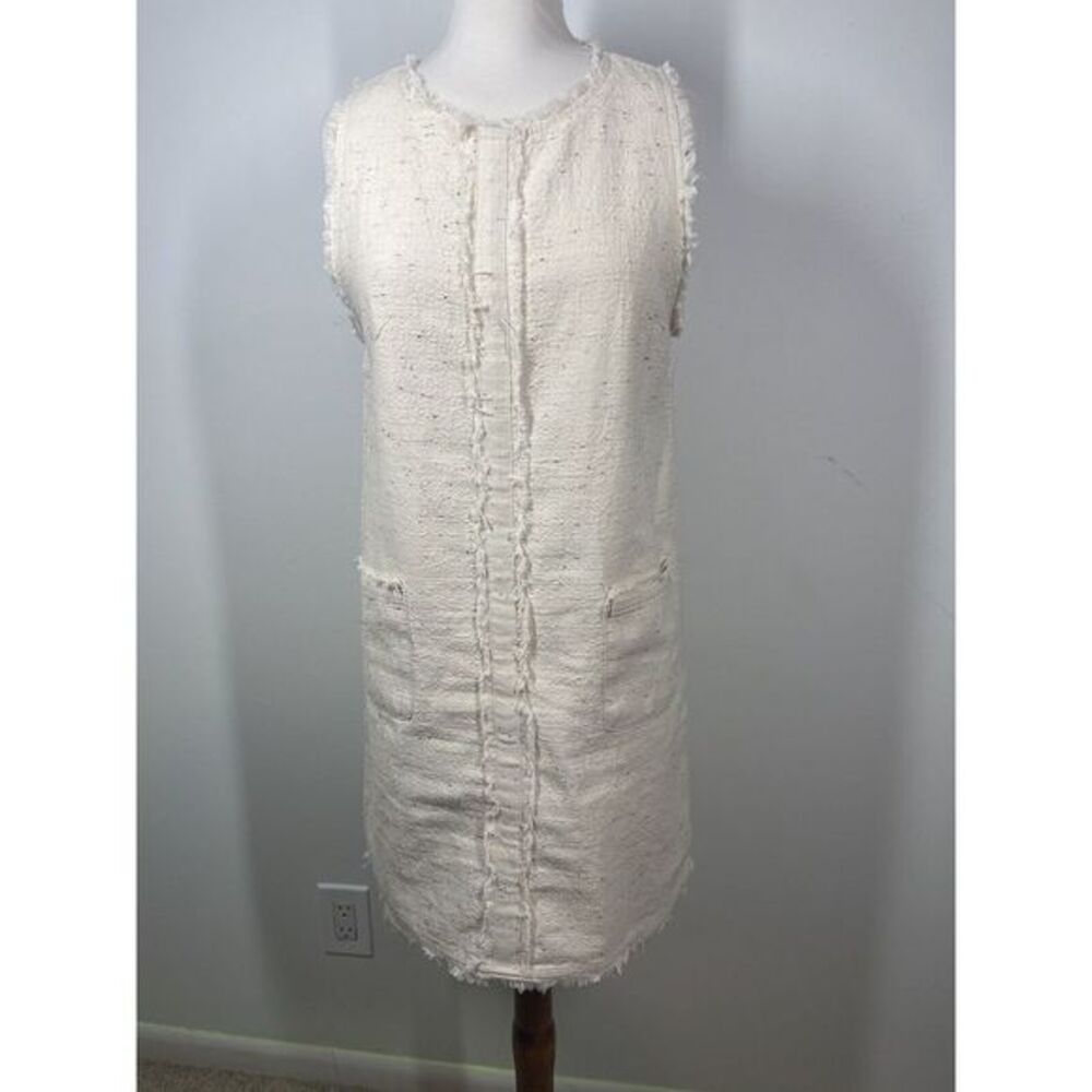 Anthropologie Paper Crane Front Pocket Raw Edge Shift Dress Cream Size Small